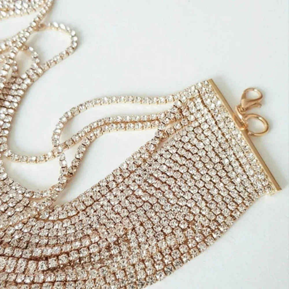 Multilayer Rhinestone Choker Necklace Bling Crystal Collar Choker Party Jewelry - Picture 5 of 5